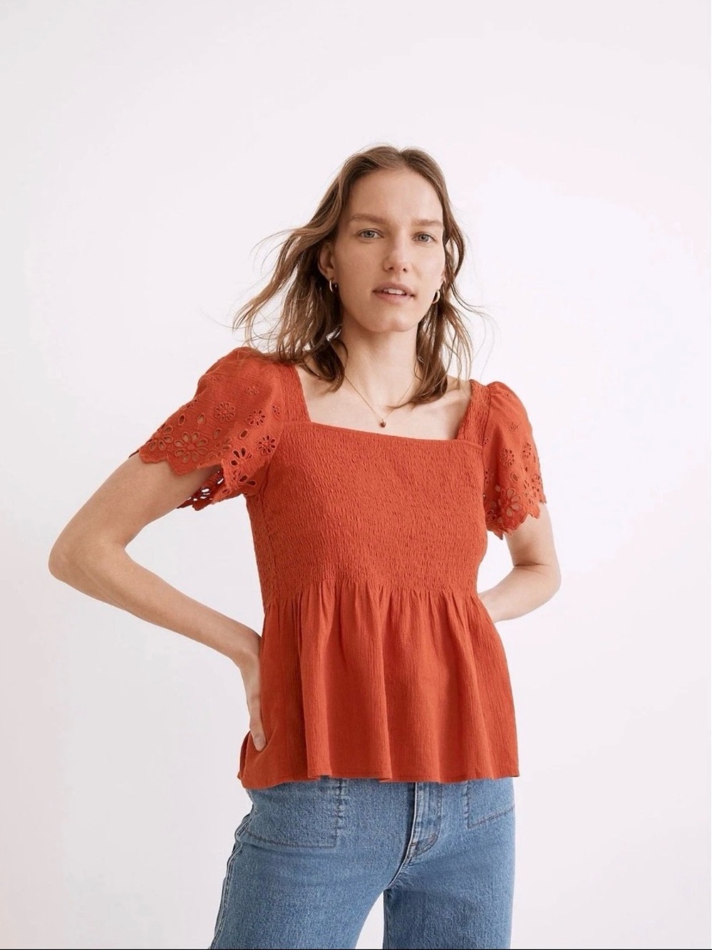 Madewell Red Square-Neck Puff Sleeve eyelet Peplum Blouse